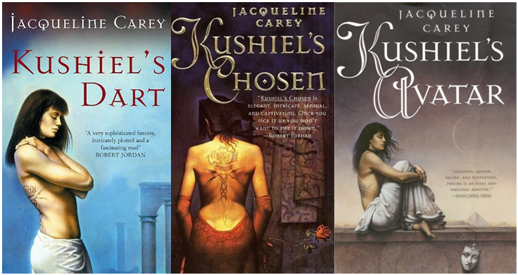 Original covers of the first three Kushiel books by Jacqueline Carey