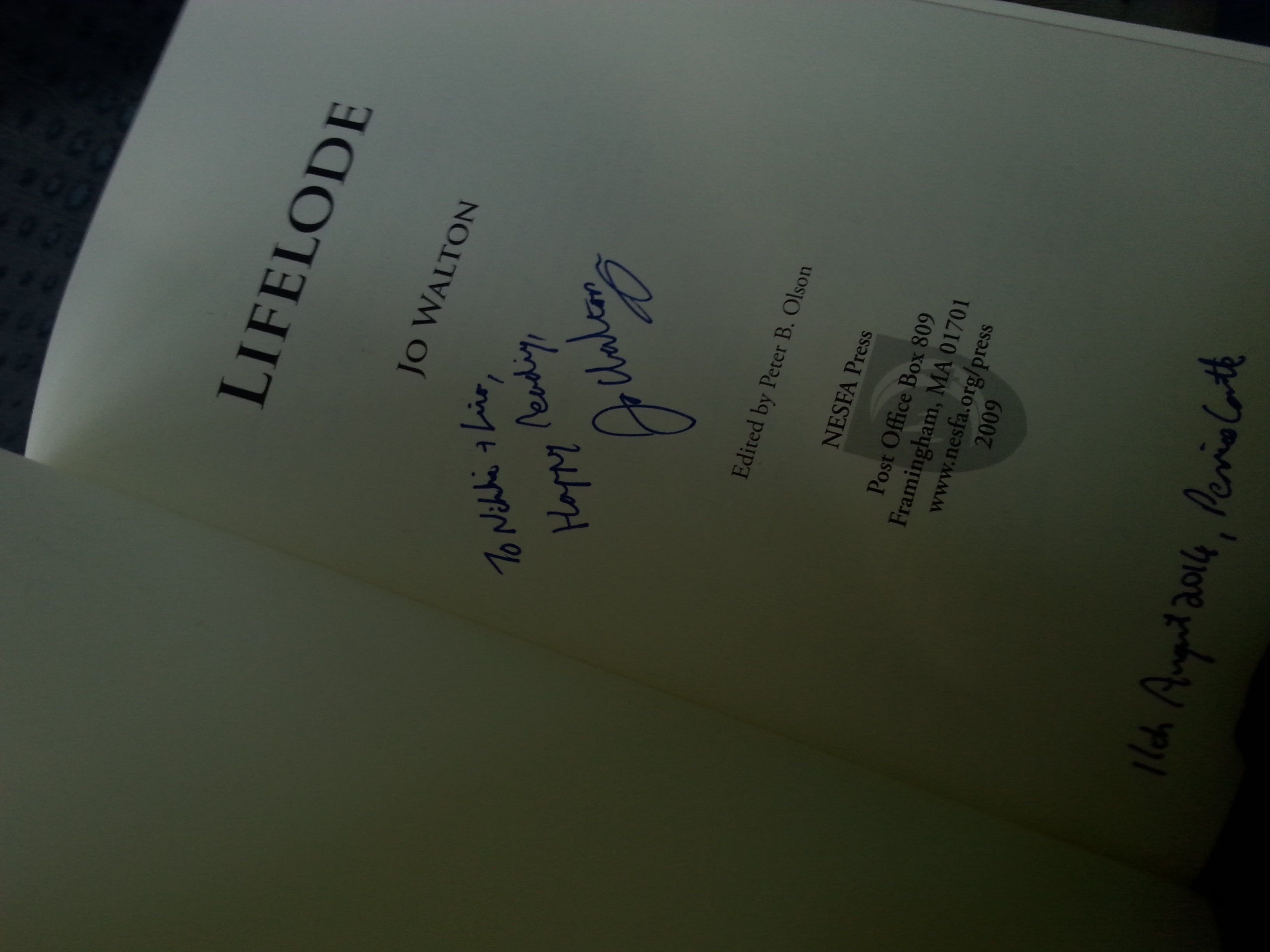 Picture of the title page of Jo Walton's Lifelode, autographed