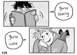 First panel: Charlie, hiding behind a book: "You're staring!" Second panel: Nick, starry-eyed: "You're cute!"