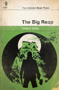 Cover of The Big Reap by Chris F. Holm; a classic pulp detective cover, but this one with the image of a creepy house and the moon, and maybe bats or birds flying across? Against these you see the silhouette of a man with weapons in his hands.