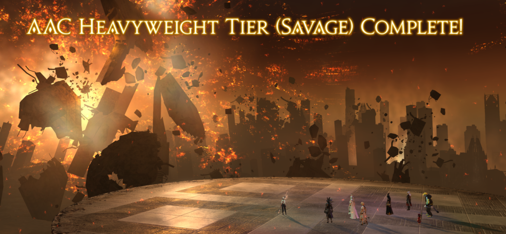 A screenshot from Final Fantasy XIV showing "AAC Heavyweight Tier (Savage) Complete!" above a fiery arena, with destruction in the background. Eight characters stand looking at it: a dragoon, a white mage, a viper, a warrior, a scholar, a paladin and a summoner.